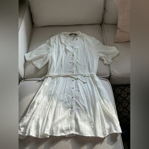 Zara White Button-Down Midi Dress with Braided Waist Tie